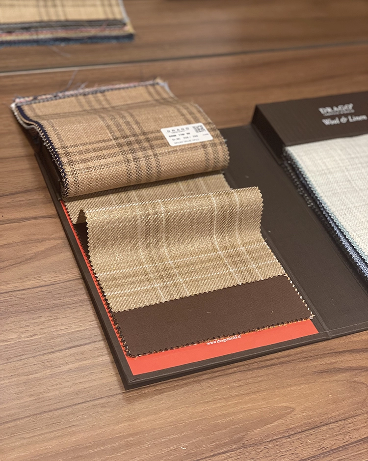 Italian wool and linen swatches presented in a Drago bunch