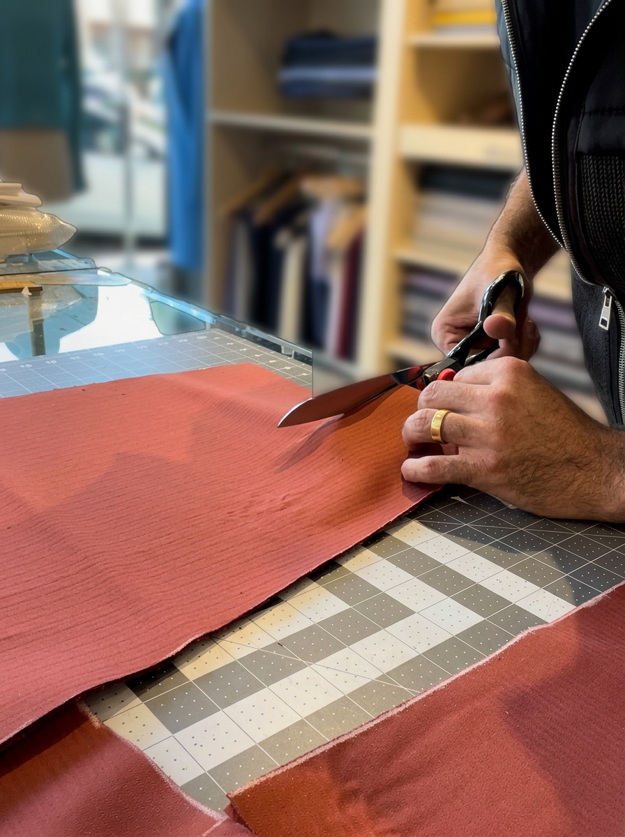 Hand-cutting cloth with tailoring shears in the Beverly Hills atelier
