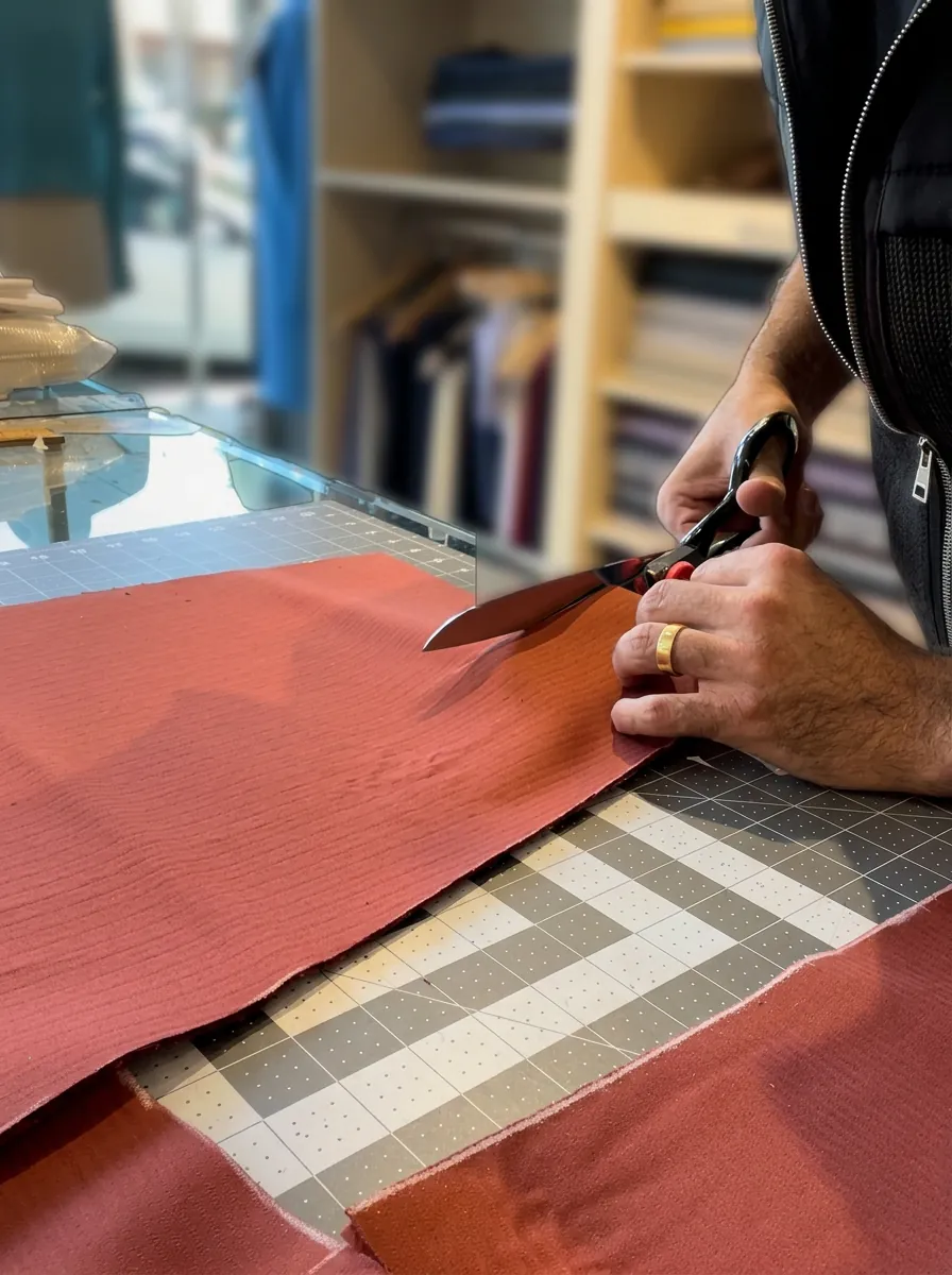 Hand-cutting cloth with tailoring shears in the Beverly Hills atelier