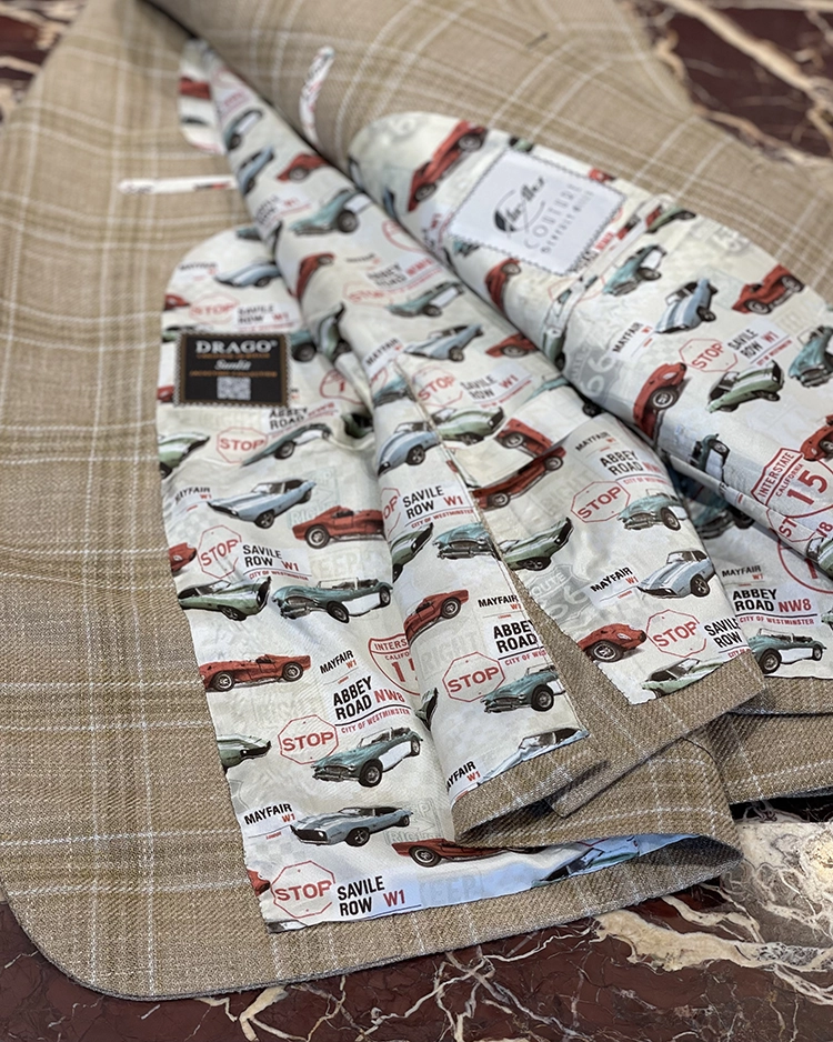 Custom printed silk lining inside a finished sport coat