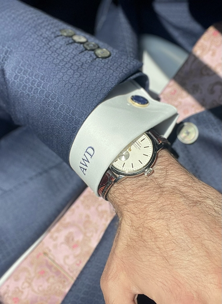 French cuff embroidered with the wearer's initials, AWD